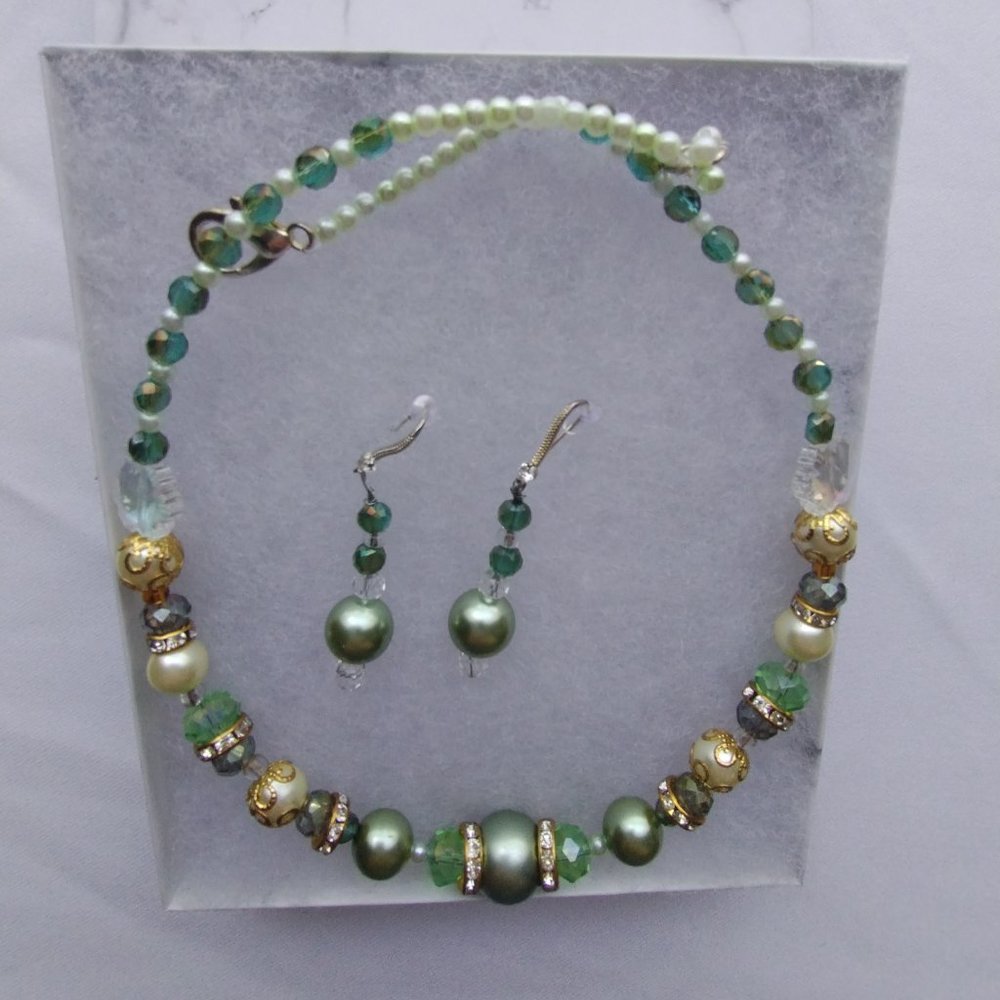 Green beaded necklace and earrings set